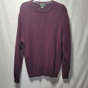 Eddie Bauer Mens Burgundy Cable Knit Sweater Size L 100% Cotton Crewneck